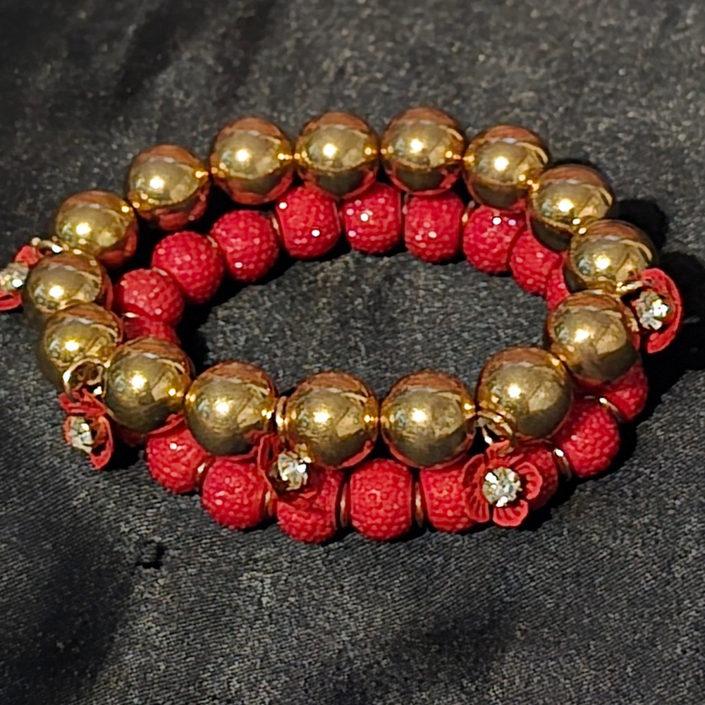 Bracelet OS Stretch Set Women Red Gold Floral Rhinestone Beaded Boho